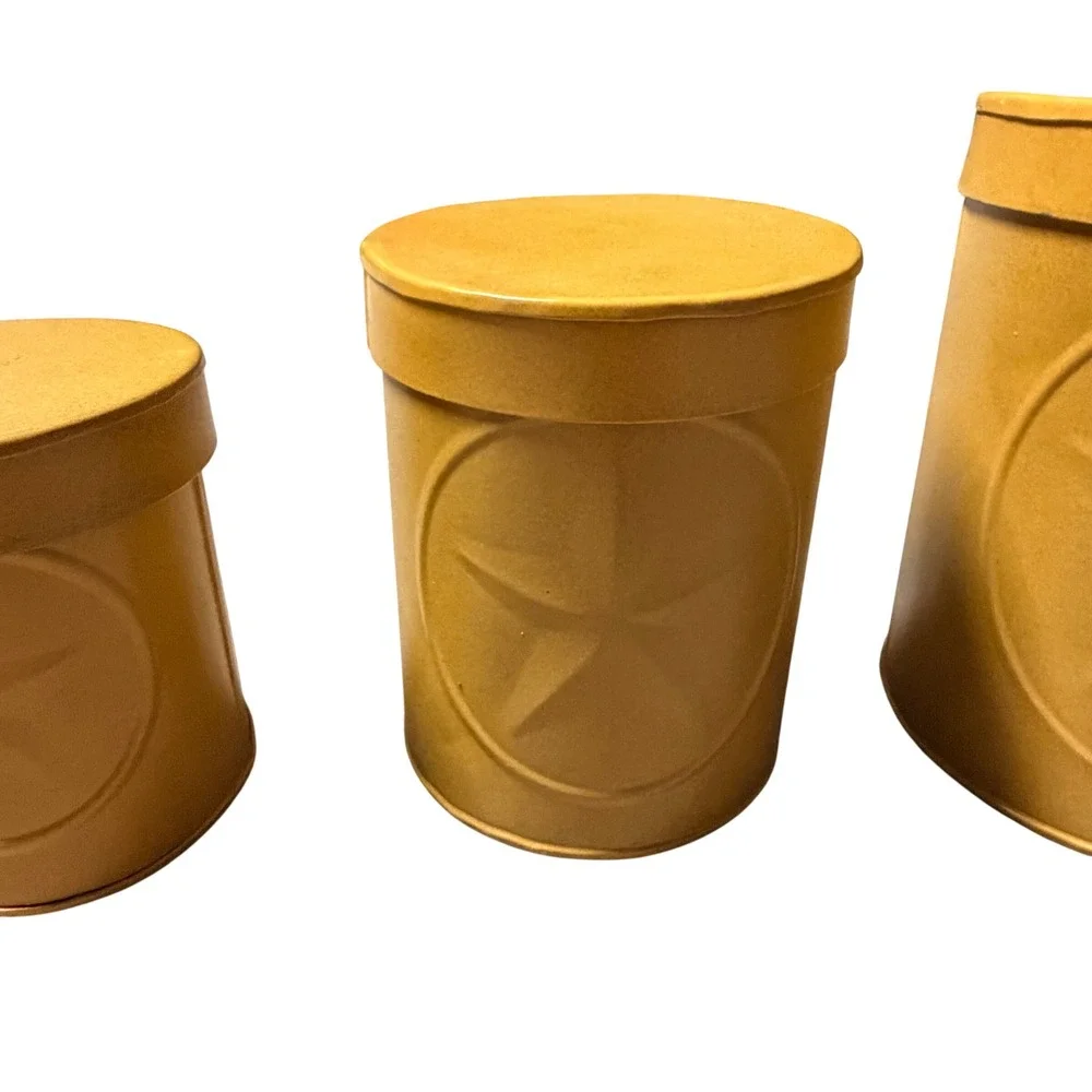 Vintage Mustard Yellow Metal Star Canister Set Rustic Farmhouse Nesting Tins 3pc